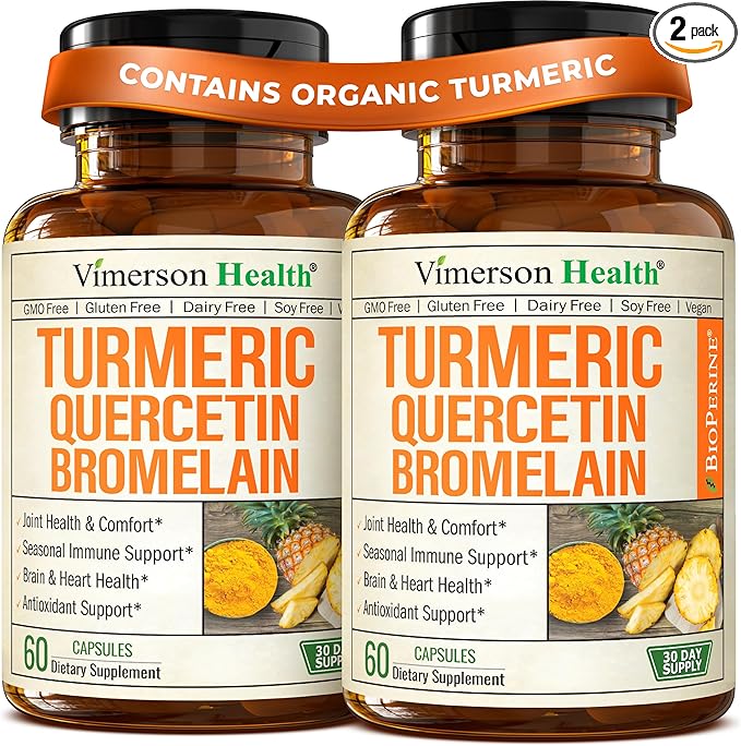 Quercetin with Bromelain Turmeric Curcumin Supplement – Allergy Relief, Immune & Joint Support – Organic Turmeric Supplement w/Bioperine for Enhanced Absorption, Quercetin 500mg Capsules 2 Pack