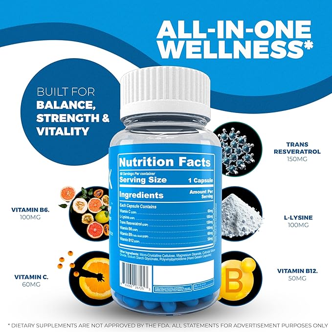 All-in-Wonder Immunity & Wellness Support with Transresveratrol, L-Lysine, and Vitamin B6 – Immune Booster for Skin, Heart & Cell Health – Vegan Formula – 60 Capsules