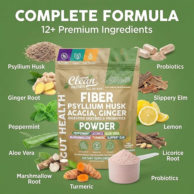 GutResto Fiber Supplement Psyllium Husk Powder Probiotic Gut Health Digestive Enzymes Prebiotic L-Glutamine Slippery Elm Aloe Vera Marshmallow Root Turmeric Ginger Peppermint by Clean Nutra 30 Svgs