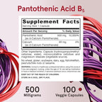 Jarrow Formulas Pantothenic Acid B5 500 mg, Dietary Supplement, Vitamin B5 for Adrenal Hormone Support and Cellular Energy Metabolism, 100 Veggie Capsules, 100 Day Supply