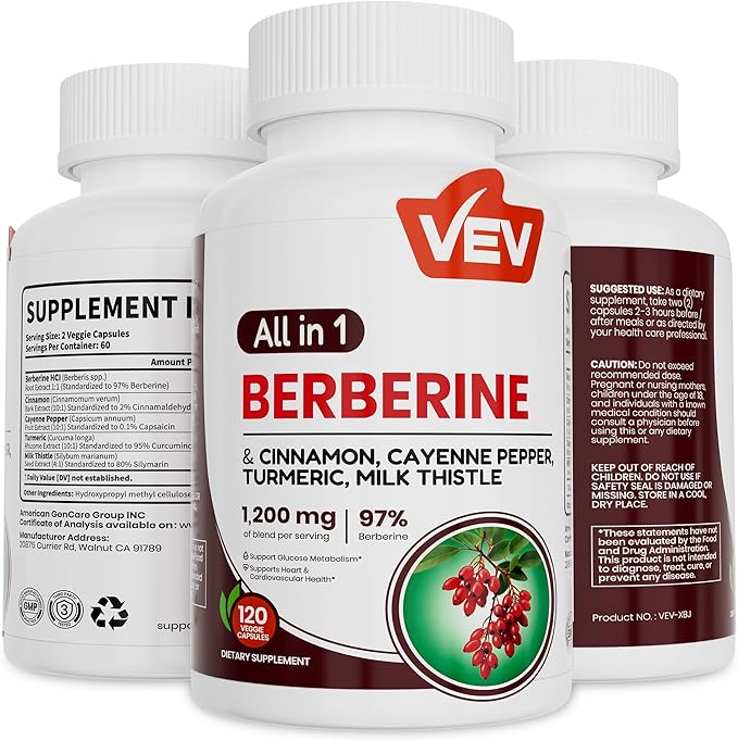 VEV Berberine Supplement with Ceylon Cinnamon, Cayenne Pepper, Turmeric, Milk Thistle, Vegan & Non-GMO – 120 Capsules
