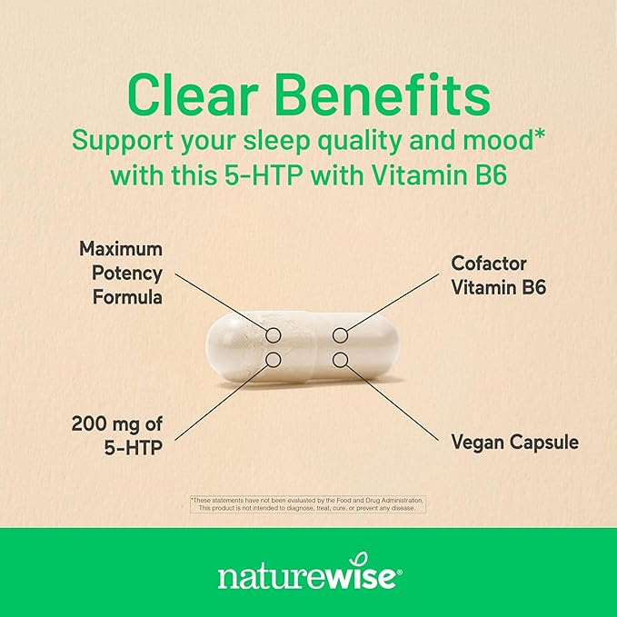 NatureWise 5-HTP 200mg Supplement from Griffonia Seeds with Cofactor Vitamin B6 - Mood Support and Natural Sleep Aid for Adults - Delayed-Release, Vegan - 30 Count[1-Month Supply]