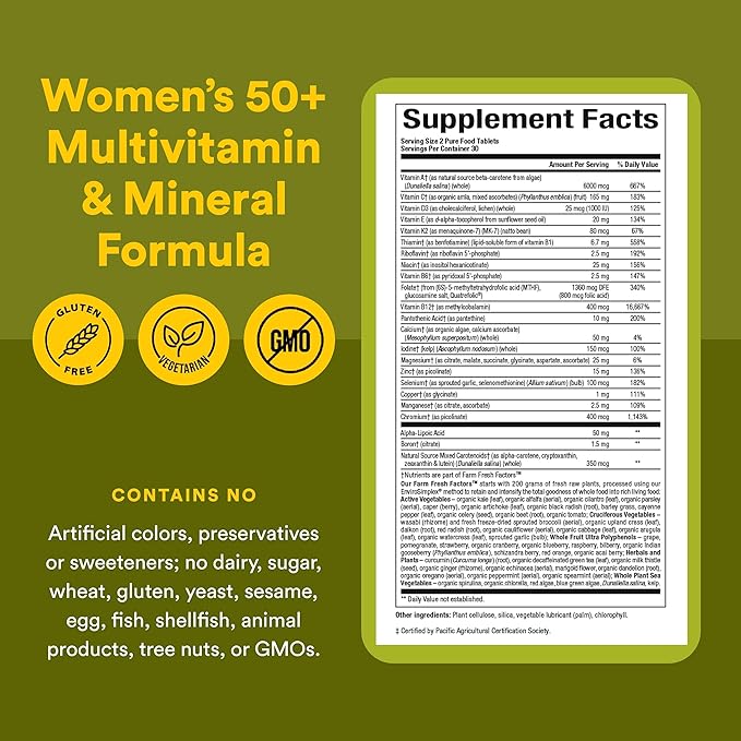 Natural Factors Whole Earth & Sea Women's 50+ Multivitamin & Mineral - Daily Multivitamin with Calcium, Selenium & More - Supports Bone & Brain Health - 60 Tablets (30 Servings)