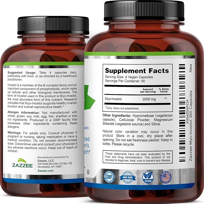 Zazzee Myo-Inositol Capsules, 2000 mg per Serving, 360 Vegan Capsules, Ideal Dosage for 40:1 Ratio, Kosher, 100% Vegetarian, Hormone Balance & Healthy Ovarian Function Support, All-Natural and Non-GMO