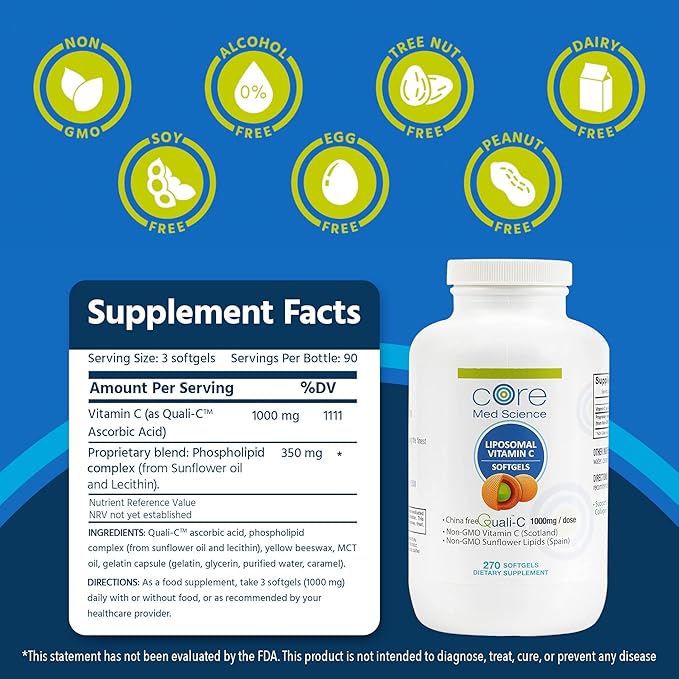 Core Med Science Liposomal Vitamin C 1000mg, 270 Softgels - Non-GMO Natural Liposomal Vitamin C Supplement that Promotes Healthy Skin - Immune System Booster for Adults, Supports Collagen Formation