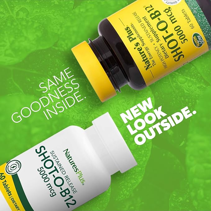NaturesPlus Shot-O-B12 5000 mcg - 60 Sustained Release Tablets, Pack of 2 - Supports Energy Production & Mood - Vegetarian, Gluten Free - 120 Total Servings