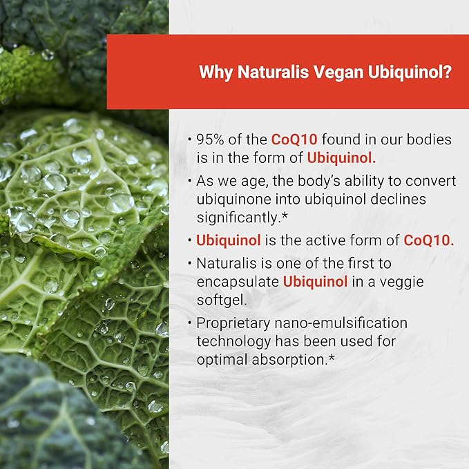 Naturalis Ubiquinol 100mg Active CoQ-10 Emulsified in MCT Oil for Better Absorption | Gluten Free, Non-GMO & Soy-Free | Cardiovascular Wellness, Antioxidant Protection, and Healthy Skin*| 120 Softgels