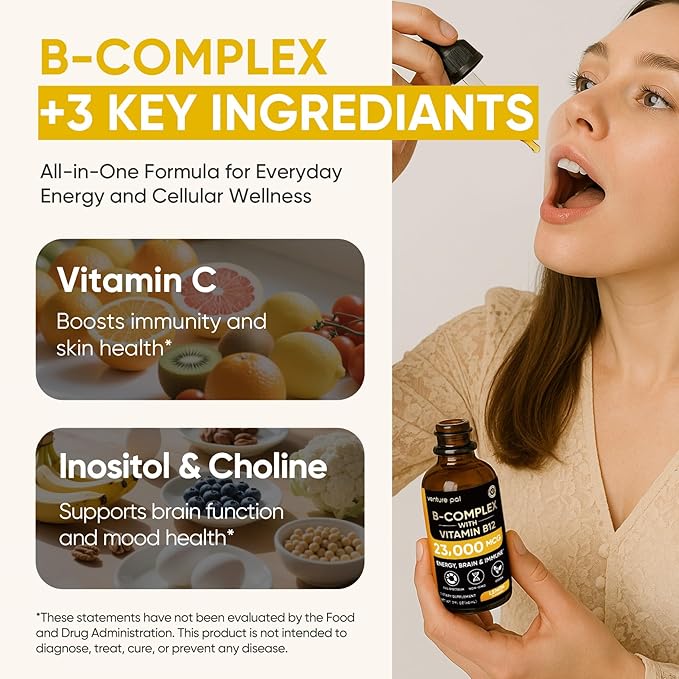 Venture Pal Vitamin B Complex Liquid Drops, B12 Methylcobalamin | B9 Folic | B1,B2,B3,B5,B6,B15 - Vitamin C, Choline, Inositol, Immune & Energy Metabolism, Brain & Heart Support