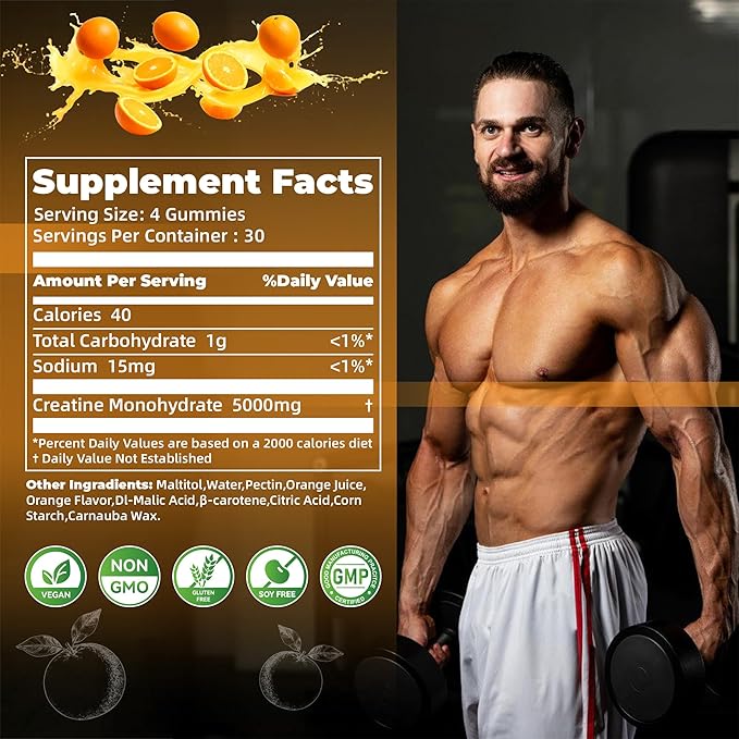 Nutravita Creatine Monohydrate Gummies for Men & Women-5g of Creatine Monohydrate per Serving - Sugar Free,Vegan, Orange Flavor, 120 Count