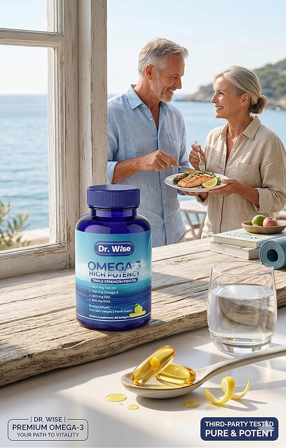 Dr. Wise Omega 3 Fish Oil 3600mg – 2160mg Omega-3 per Softgel (1300mg EPA, 860mg DHA) – Triple Strength, Once Daily – 90 Burpless Lemon Softgels – 3-Month Supply