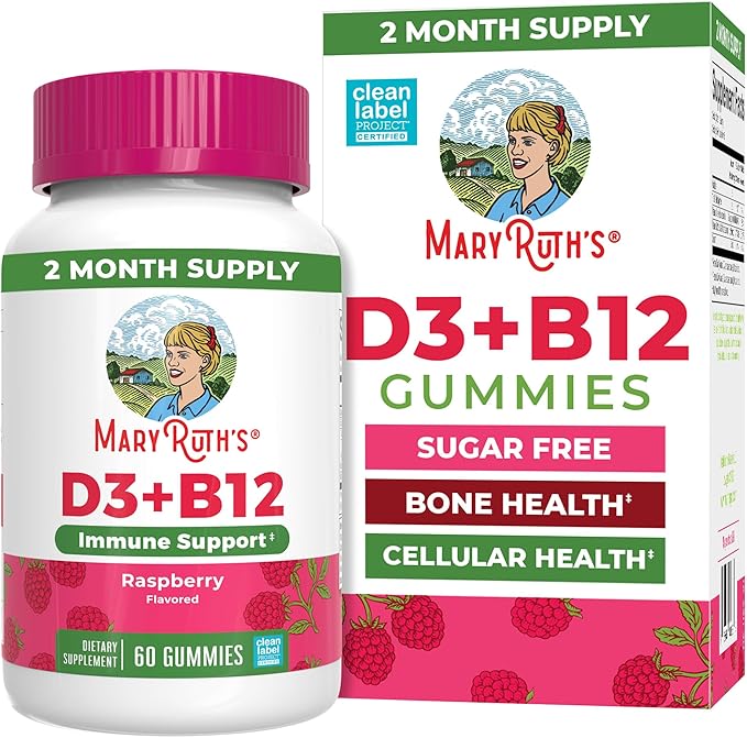 MARYRUTH'S Vitamin D3 + B12 Gummies for Ages 4+ | Sugar Free | Bone Health | Immune Support | Energy Metabolism | Cognitive Function | Vegan | Non-GMO | Gluten Free | 60 Servings | 2 Month Supply