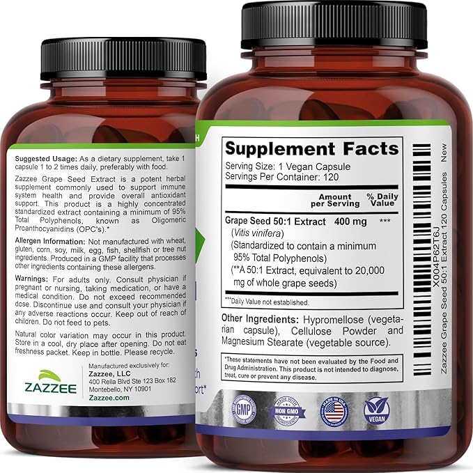 Zazzee High Strength Grape Seed 50:1 Extract, 120 Vegan Capsules, 95% Polyphenols, 400 mg per Capsule, 4 Month Supply, Antioxidant, Circulation & Blood Flow Support, Non-GMO, Made in the USA