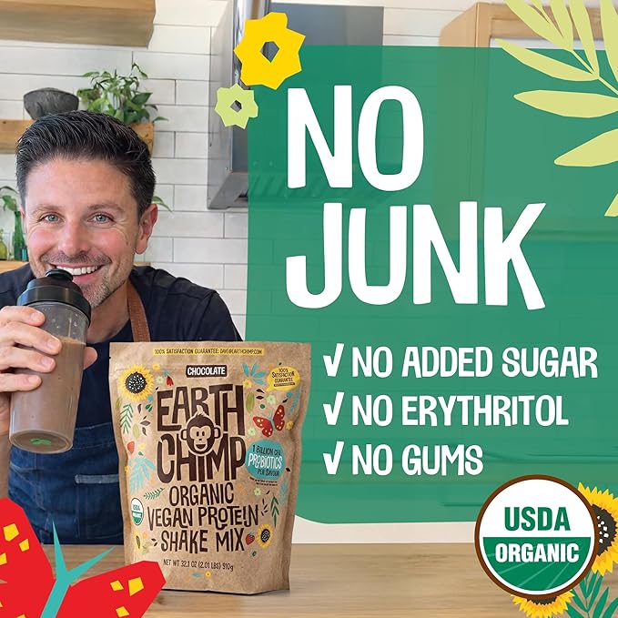 EarthChimp Organic Vegan Protein Powder - with Probiotics - Non GMO, Dairy Free, Non Whey, Plant Based Protein Powder for Women and Men, Gluten Free - 52 Servings 64 Oz (Vanilla) No Scoop