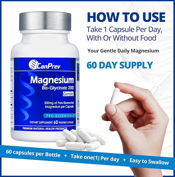 CanPrev Magnesium BisGlycinate 200mg Gentle 60 Veg Caps, 60-Day Supply, Chelated Magnesium Supplement for Bone & Muscle Support, Easy to Digest, Promote Relaxation & Comfort, Vegan, Non-GMO, No Sugar