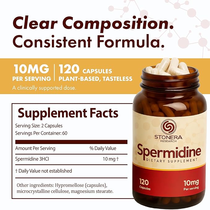 STONERA Spermidine Supplement, Cellular Renewal & Longevity Support - Optimized High Purity, 10mg per Serving, 120 Capsules Third-Party Tested