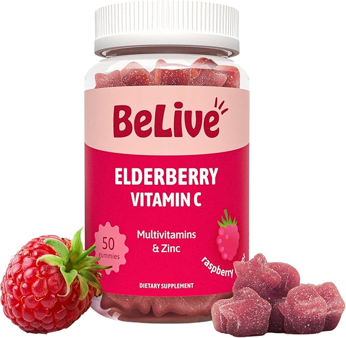 BeLive Elderberry Gummies with Vitamin C, D3 and Zinc - Multivitamin Supplement for Immune Health Support for Kids & Adults - 50 Count - Raspberry Flavor
