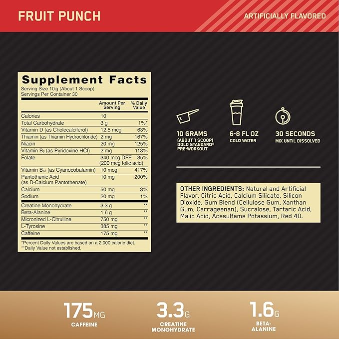 OPTIMUM NUTRITION Gold Standard Pre-Workout with Creatine, Beta-Alanine, and Caffeine for Energy, Flavor: Fruit Punch, 30 Servings