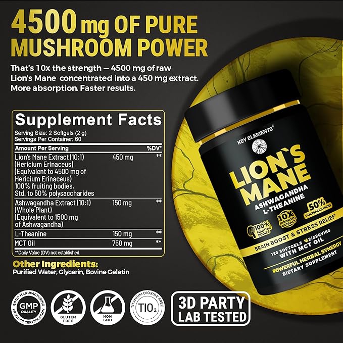 KEY ELEMENTS Organic Lions Mane Supplement Capsules with MCT Oil for Brain Support & Relaxed Focus - Lion's Mane Extract with Ashwagandha and L-Theanine - Lions Mane Mushroom Softgels