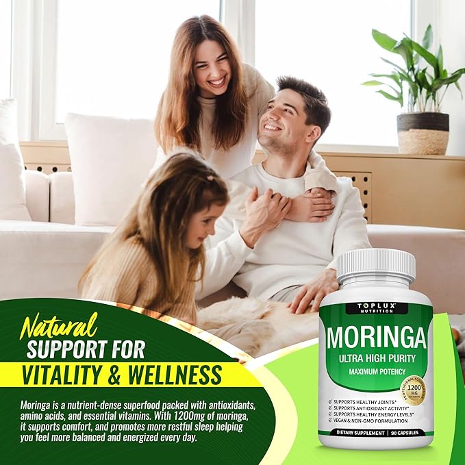Toplux Moringa Capsules 1200mg – Pure Moringa Powder High Potency Leaf Extract Green Superfood Rich in Antioxidant, for Energy & Immune Support, Vegan Non-GMO 90 Capsules