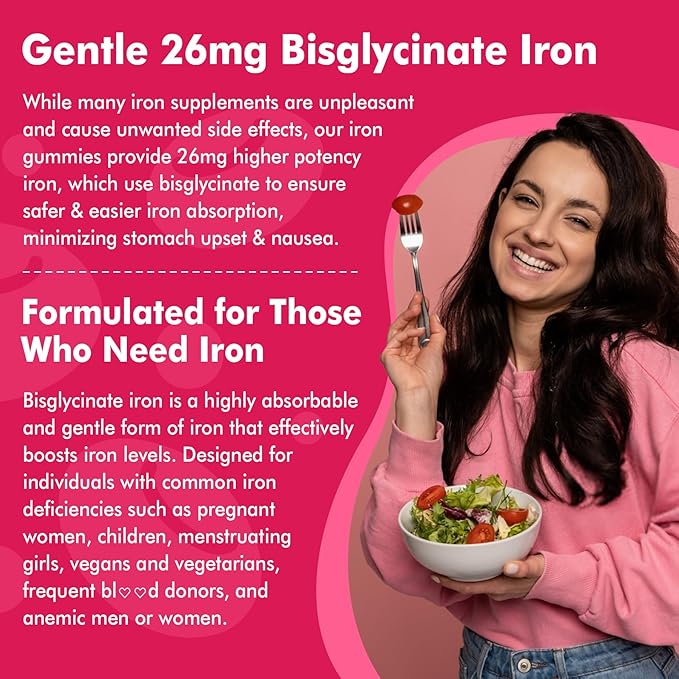 Iron Bisglycinate 26mg Filled Gummies- Gentle Beet Root Iron Gummy plus Vitamin C, Supplement Iron with B12 & Folate for Women & Men, Iron Deficiency, Immune & Energy Support, Sugar-Free, Vegan,120Cts