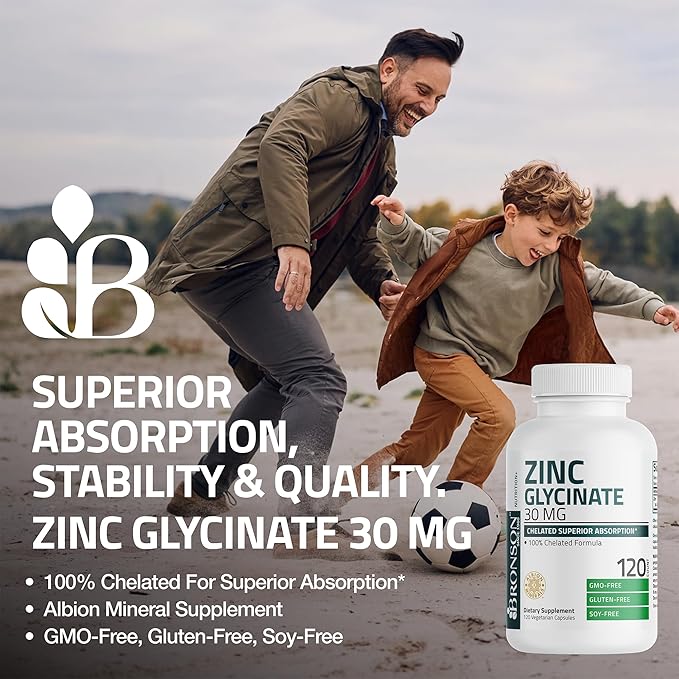 Bronson Zinc Glycinate 30mg Chelated Superior Absorption 100% Chelated Formula Non-GMO, 240 Vegetarian Capsules