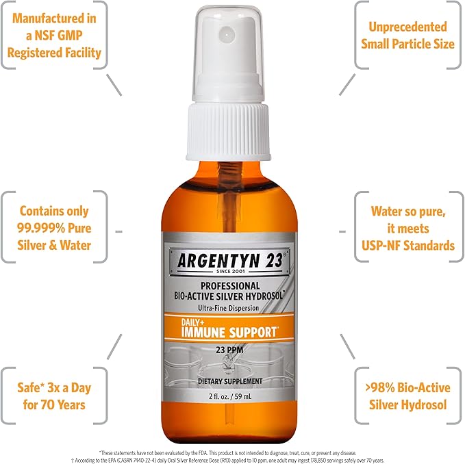 Argentyn 23 Professional Immune Support, Colloidal Silver, Bio-Active Silver Hydrosol, 23 ppm, Fine Mist Spray, 2 Fl Oz