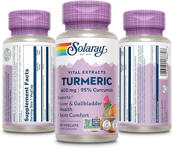 SOLARAY Turmeric Supplement 600mg - Turmeric Root with 95% Curcumin - Joint Support Supplement - Joint Health, Gallbladder and Liver Support, Non-GMO, Vegan, Gluten Free, 60-Day Guarantee, 60 Servings