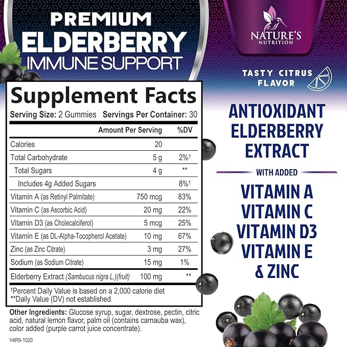 Elderberry Immune Support Gummies - 3X Strength Sambucus Elderberry Gummy with Vitamin C, D3 & Zinc - Nature’s Black Elderberry Extract - Immune Support Supplement for Adults & Kids - 60 Gummies