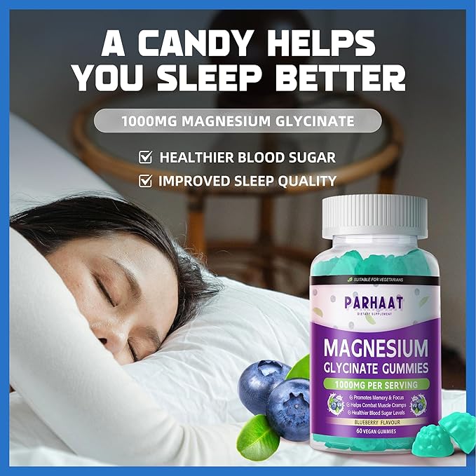 Magnesium Glycinate Gummies - Sugar Free Magnesium Potassium Supplement with Vitamin D, B6, CoQ10 for Calm Mood & Sleep Support - 60 Blueberry Chews