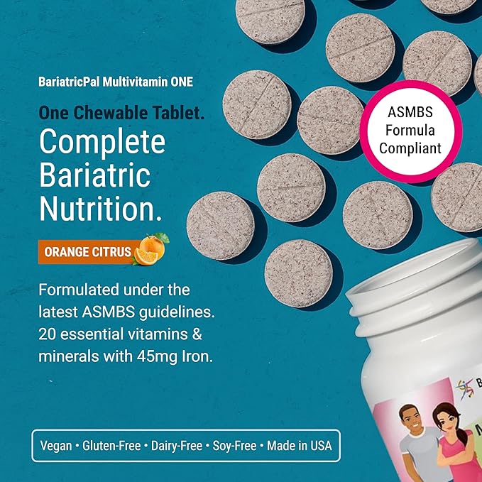 BariatricPal Multivitamin ONE 1 per Day! Bariatric Multivitamin Chewable with 45 mg of Iron | Orange Citrus | Vitamin for Bariatric Surgery Patients | 30 Count (1 Month Supply)