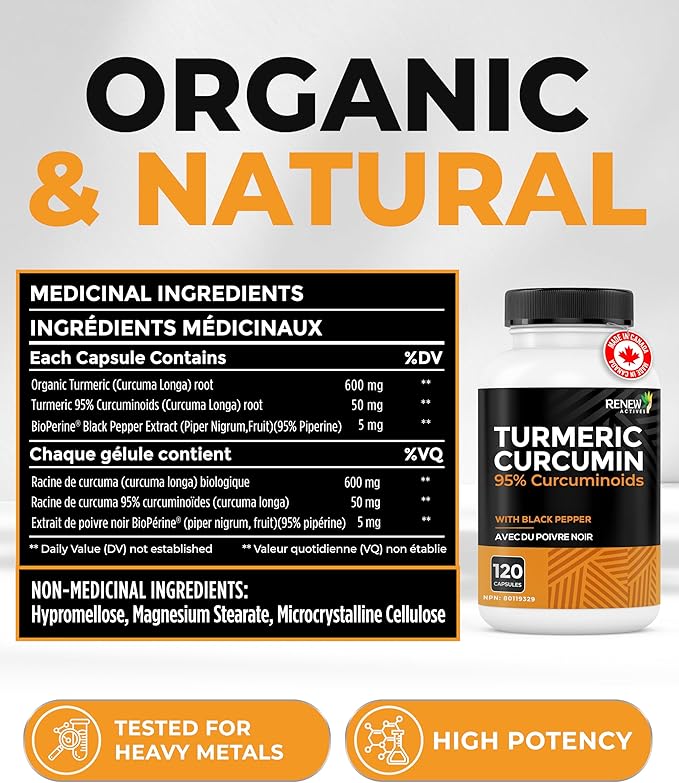 Renew Actives Turmeric Curcumin with Black Pepper – 600MG Turmeric Root, 100MG Curcuminoids per 2 Capsules – Supports Digestion, Liver Health, Joint Relief & Mobility – Made in Canada – 120 Capsules