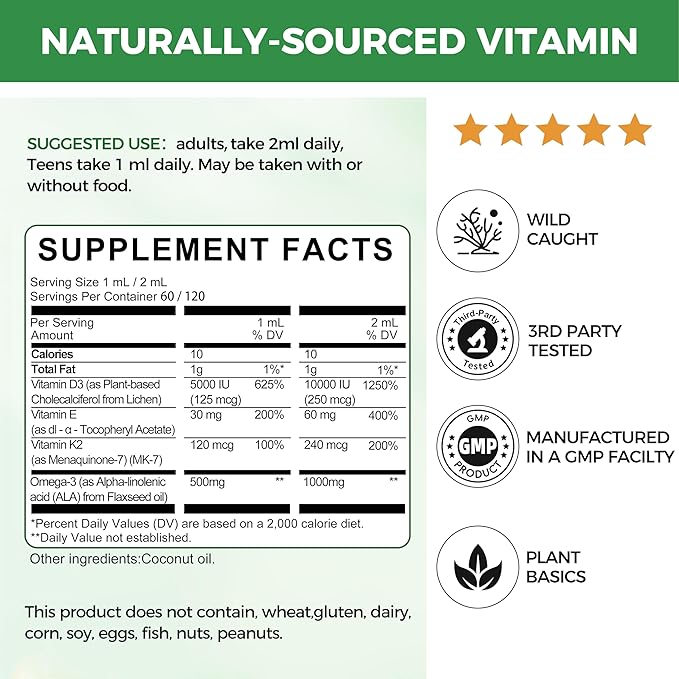 2 Pack Organic Vitamin D3 K2 Liquid 10000 IU w/ Vegan Omega-3 & Coconut MCT Oil - Maximum Strength Vitamin D Supplement, No Fillers, Non-GMO K2 as MK7 for Bones, Muscles & High Absorption-2 Fl Oz