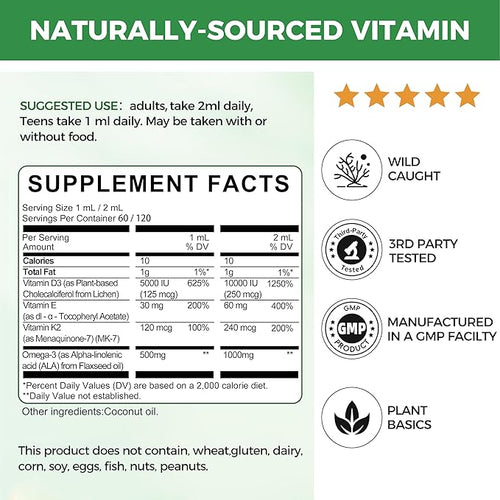 2 Pack Organic Vitamin D3 K2 Liquid 10000 IU w/ Vegan Omega-3 & Coconut MCT Oil - Maximum Strength Vitamin D Supplement, No Fillers, Non-GMO K2 as MK7 for Bones, Muscles & High Absorption-2 Fl Oz