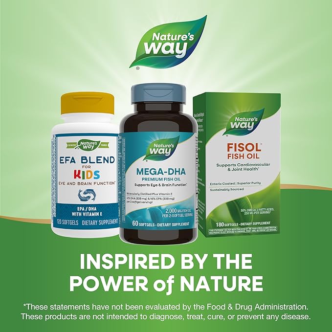 Nature's Way Mega-DHA Premium Fish Oil, Supports Eye and Brain Function*, Omega-3, EPA DHA Omega 3 Supplement, 2,000 mg Fish Oil per 2-Softgel Serving, 60 Softgels (Packaging May Vary)
