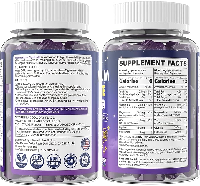 Magnesium Glycinate Gummies 500mg/250mg for Adults Kids Teens, Sugar Free Magnesium Calm Sleep Aid, Kids Sleep Gummies with L-Theanine Glycine B6 for Sleep, Calm, Muscle,Relax Brain,No Melatonin,2Pack
