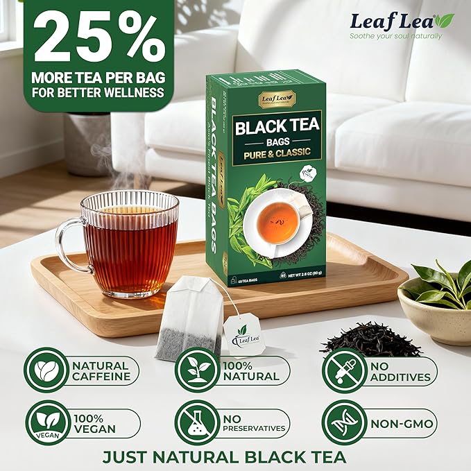 LeafLea 80 Black Tea Bags, Premium Black Tea Leaves, Rich Bright and Firmly Astringent, Promotes Digestive Comfort & Steady Alertness, Caffeinated, Sugar-Free, Vegan, Enjoy Hot or Iced