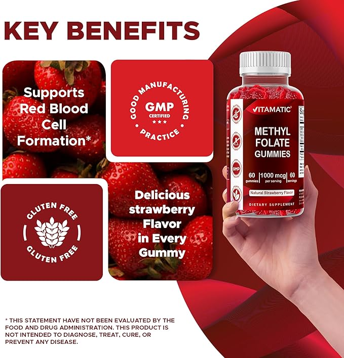 Vitamatic Methylfolate Gummies 1000 mcg – Active 5-MTHF Form – Natural Strawberry Flavor – Vegan, Non-GMO, Gluten Free – 60 Gummies