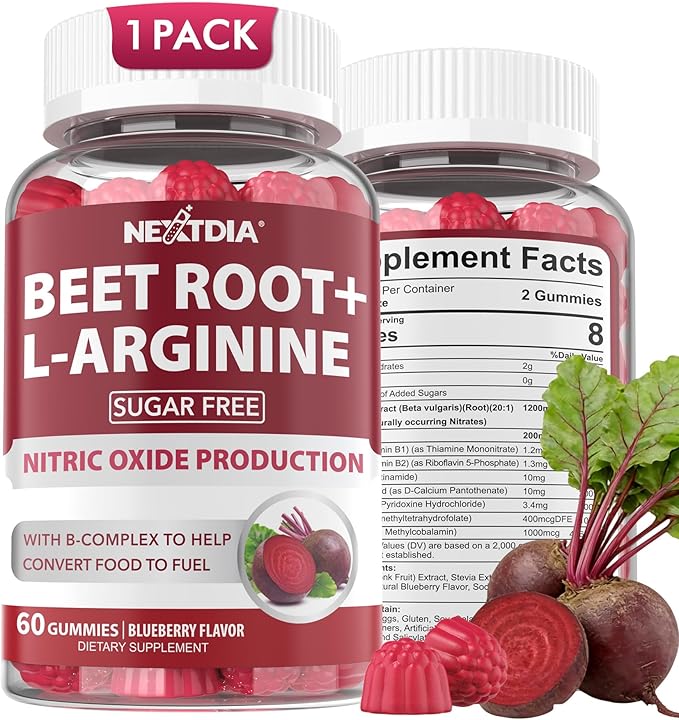 Beet Root Gummies, Beetroot & L-Arginine, Red Beets Supplements w/ Vitamin B1, B2, B3, B5, B6, Folate, B12 for Energy Boost & Circulation Support, Sugar Free Nitric Oxide Gummies, 60 Beet Chews