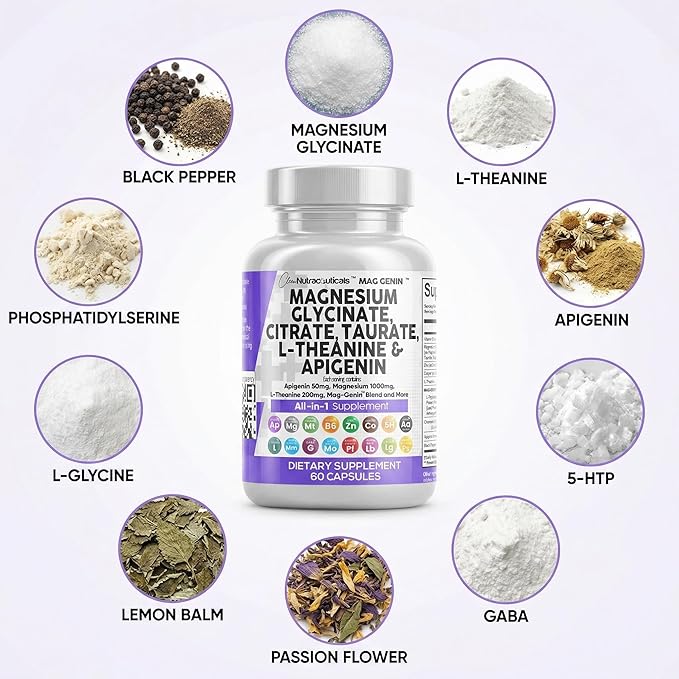 Clean Nutraceuticals Magnesium Glycinate Complex 1000mg with L-Theanine 200mg Apigenin 50mg Citrate Taurate Supplement - 5-HTP GABA Passion Flower Lemon Balm L-Glycine Phosphatidylserine - 60 Count