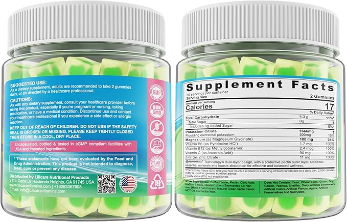 Potassium Citrate Gummies 1666mg for Adults - Potassium Supplement, Magnesium Glycinate, Zinc, B6, B12 & C – Electrolyte Gummies for Energy, Recovery & Leg Cramps, Vegan 120 Cts