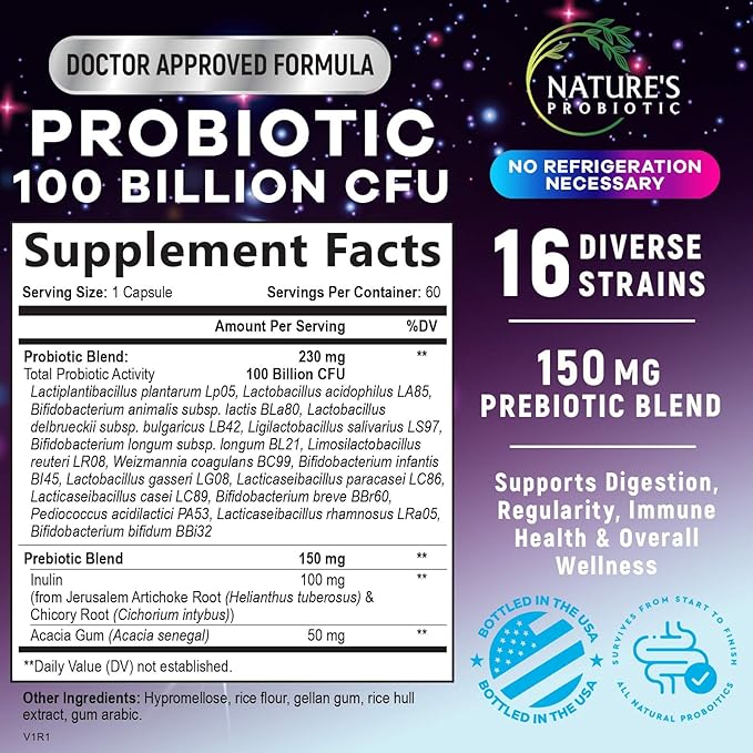 Probiotics for Digestive Health - Probiotic Blend 100 Billion CFU Per Capsule - 16 Premium Strains & Prebiotics for Women & Men, Occasional Constipation, Gas, Gut, Immune Health Support - 60 Capsules