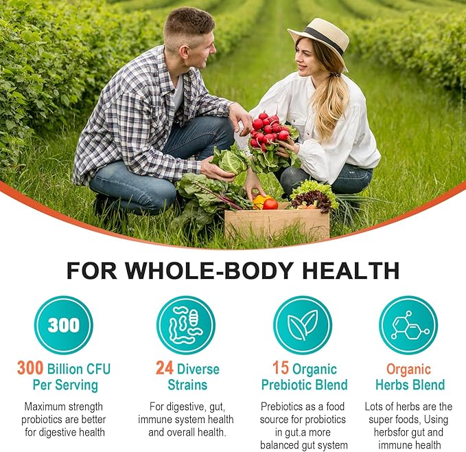 Probiotics for Women & Men - 300 Billion CFU, 24 Strains Probiotic + 15 Organic Herbs Prebiotics Blend, for Overall Digestive Gut Health, Immune, Constipation & Bloating, Shelf Stable - 2 Month Supply