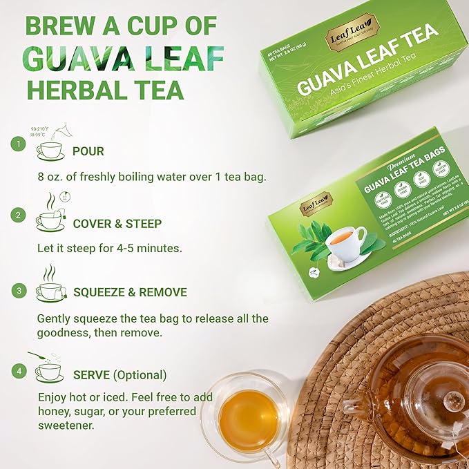 LeafLea Guava Leaf Tea, 40 Individually Wrapped Tea Bags, Made from 100% Natural Guava Leaves (Hojas De Guayaba), Supports Digestion & Wellness, Caffeine-Free, Sugar-Free, Vegan, Non-GMO