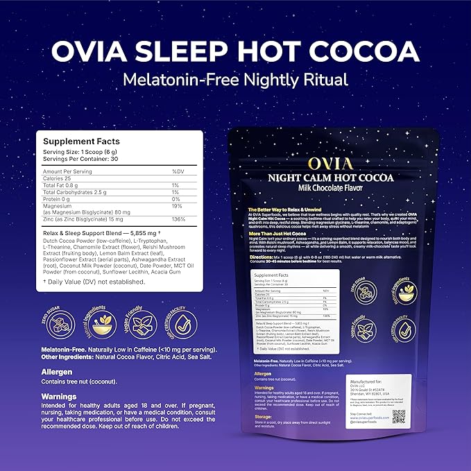 OVIA Night Calm – Melatonin-Free Magnesium Mushroom Hot Cocoa for Sleep – Nighttime Hot Chocolate with L-Tryptophan, L-Theanine & Reishi – Relaxation, Stress & Cortisol Support | 30 Servings