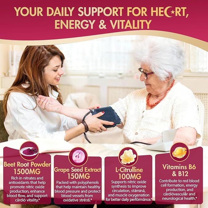 NEVISS Beet Héāŗt Chews 1500mg, Nitric Oxide and Blood Préssũre Support, 5 in 1 Beets Supplements w/Grape Seed, L-Citrulline, Vitamin B6 & B12 for Energy & Circulation Support, 60 Chews, Sugar-Free