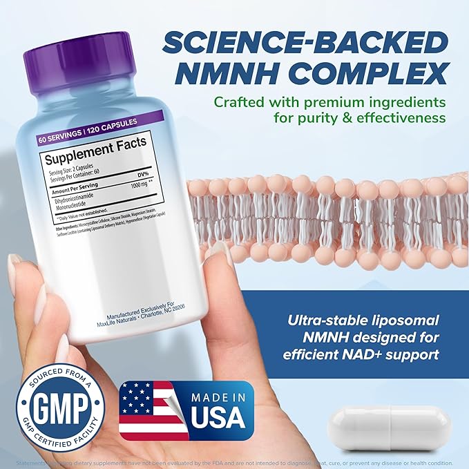 Liposomal NMNH 1000mg - 120 Capsules, Dihydronicotinamide Mononucleotide NAD+ Precursor - Ultra-Absorbable NAD Plus Complex, Liposomal NMN Supplements Capsules for Aging Support & Cellular Energy