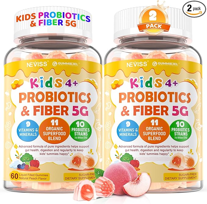 2Pack Kids Probiotic + Prebiotic Fiber Gummies 5G, 12 Billion CFU Probiotic & Veggie Fruit Fiber, w/ Organic Inulin, Methyl B12 B6 D3 C, Lutein for Children's Digestive & Gut, Immune Health,Sugar Free