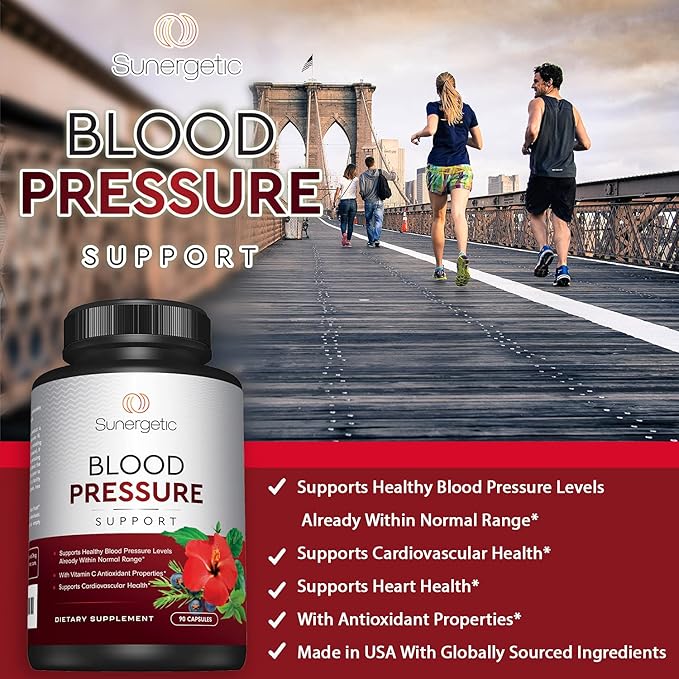 Sunergetic Premium Blood Pressure Support Supplement for Cardiovascular & Heart Health with Garlic, Hawthorn & Hibiscus (90 Capsules)