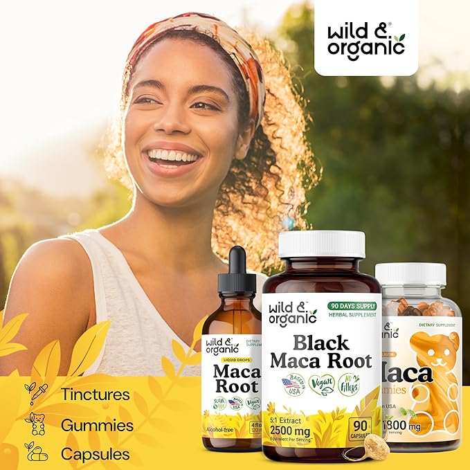 Wild & Organic Black Maca Root Capsules for Men & Women 500 mg - Maca Root Extract for Overall Support - 90 Vegan Capsules - Women & Men Supplement - 90 Days Supply - Non-GMO, No Fillers, Gluten-Free