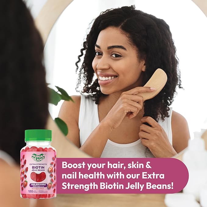 Human Beanz Biotin Jelly Bean Gummy Vitamins, Extra Strength Biotin for Hair, Skin and Nails, 5000mcg per Serving, Hair Growth Vitamins for Men and Women, 120 Strawberry Blast Jelly Beans, Kosher